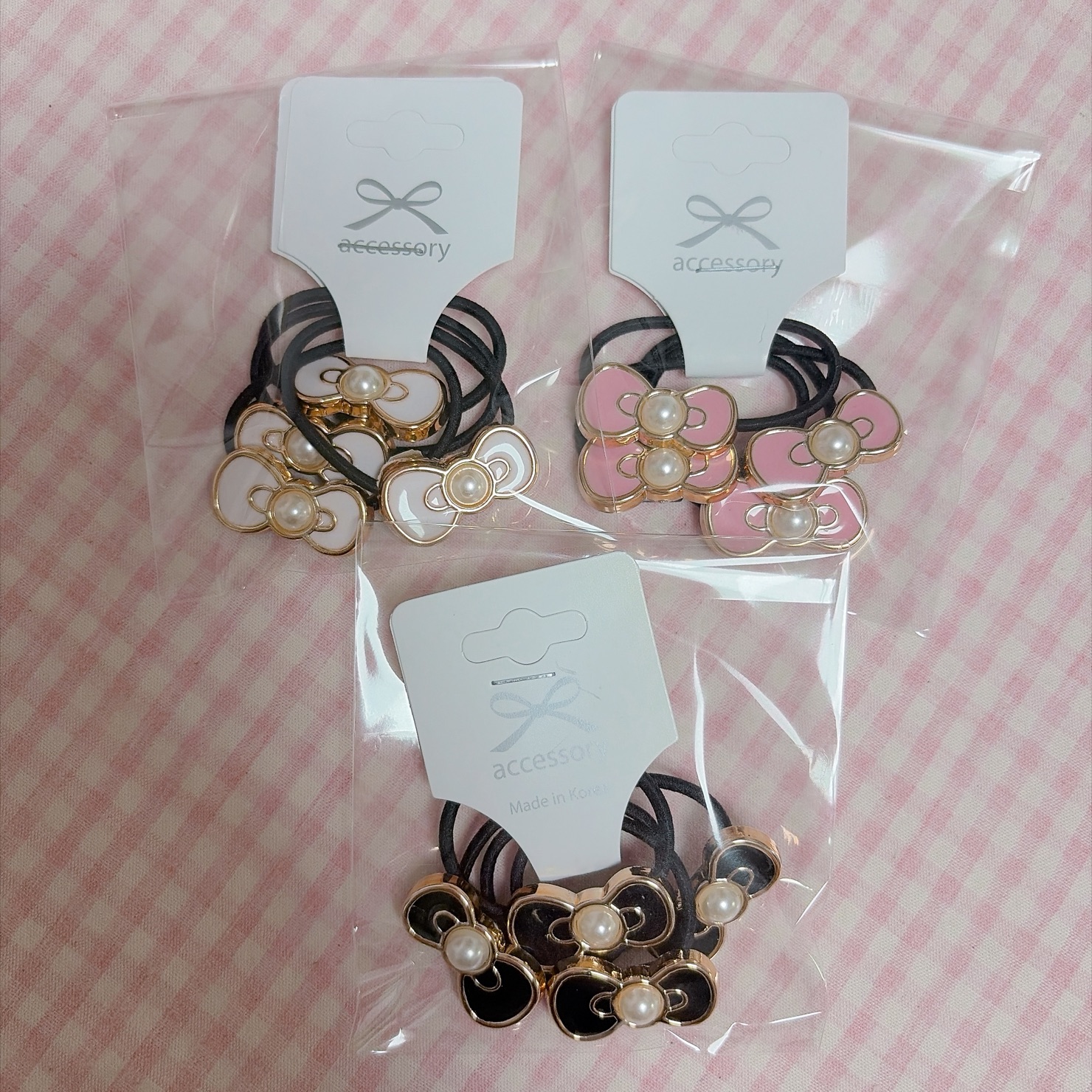 🎀 진주 리본 머리끈 3종💕 핑크/화이트/블랙 일괄
